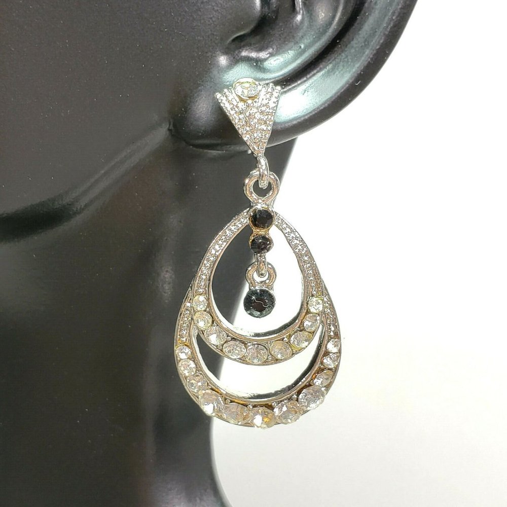 Silver Rhinestone Dangle Earrings Black Crystals